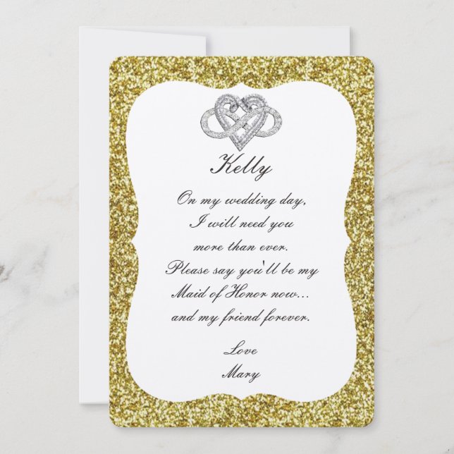 Gold Glitter Infinity Heart Maid Of Honour Card (Front)