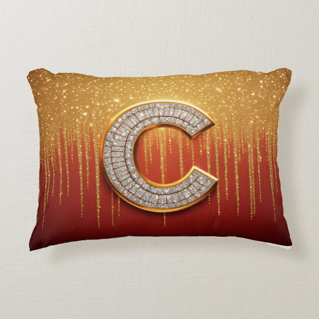 Gold Glitter Initial Letter C Monogram Gift Decorative Cushion (Front)