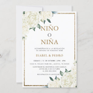 Gold Glitter Ivory Floral Spanish Gender Reveal Invitation