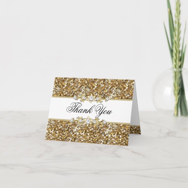 Gold Glitter & Jewel Thank You Card (Front)