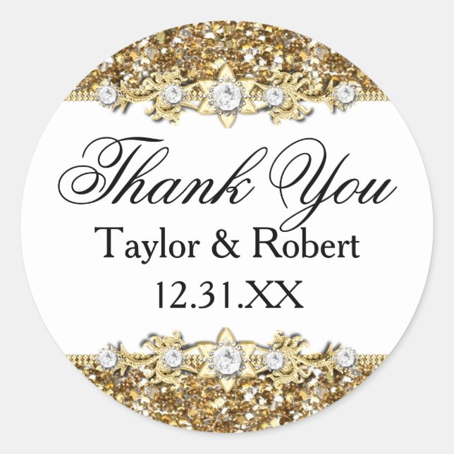 Gold Glitter & Jewel Thank You Sticker (Front)
