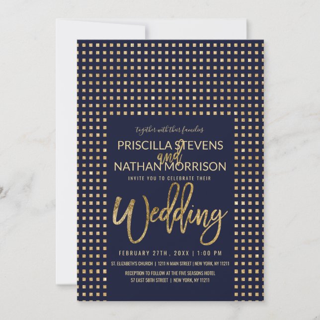 Gold Glitter Jewels Navy Blue Simple Wedding Invitation (Front)