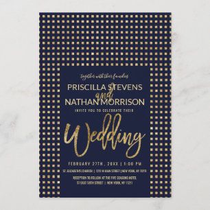 Gold Glitter Jewels Navy Blue Simple Wedding Invitation