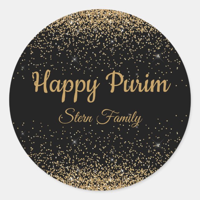 Gold Glitter Jewish Happy Purim  Classic Round Sticker (Front)