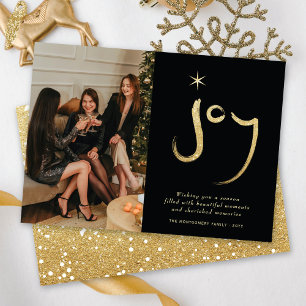 Gold Glitter Joy Brush Calligraphy Christmas Photo Holiday Card