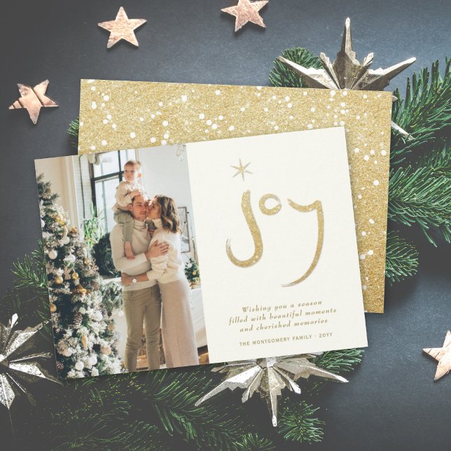 Gold Glitter Joy Brush Calligraphy Christmas Photo Holiday Card (Creator Uploaded)