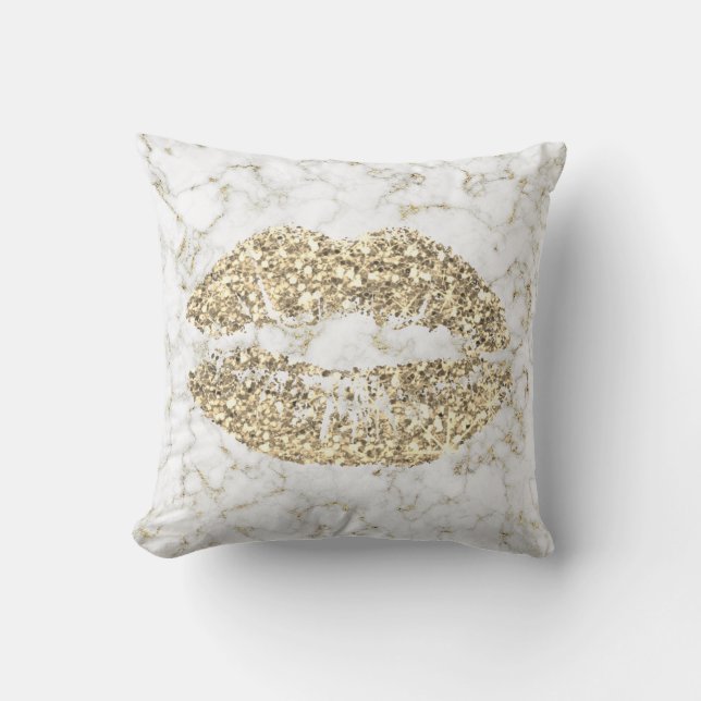 Gold Glitter Kiss Lips Glam Makeup White Marble Cushion (Front)