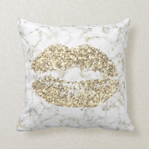 Gold Glitter Kiss Lips Glam Makeup White Marble Cushion