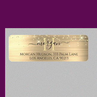 Gold Glitter & Large Monogram, Black Script Name Return Address Label
