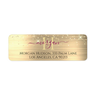 Gold Glitter & Large Monogram, Maroon Name Return Address Label
