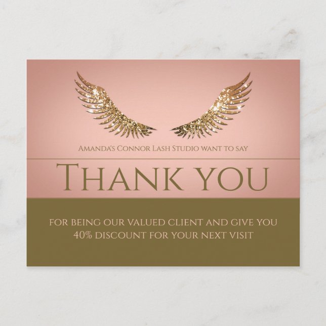 Gold Glitter Lash Wings Thank You Discount Pink Postcard (Front)