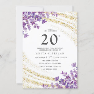 Gold Glitter Lavender Floral Twenty 20th Birthday Invitation