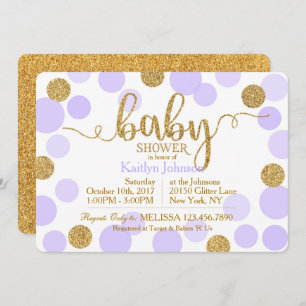 Gold Glitter Lavender Scattered Dots Baby Shower Invitation