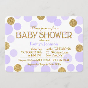 Gold Glitter Lavender Scattered Dots Baby Shower Invitation