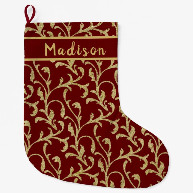 Gold Glitter Leaf Filigree Large Christmas Stocking (Front)