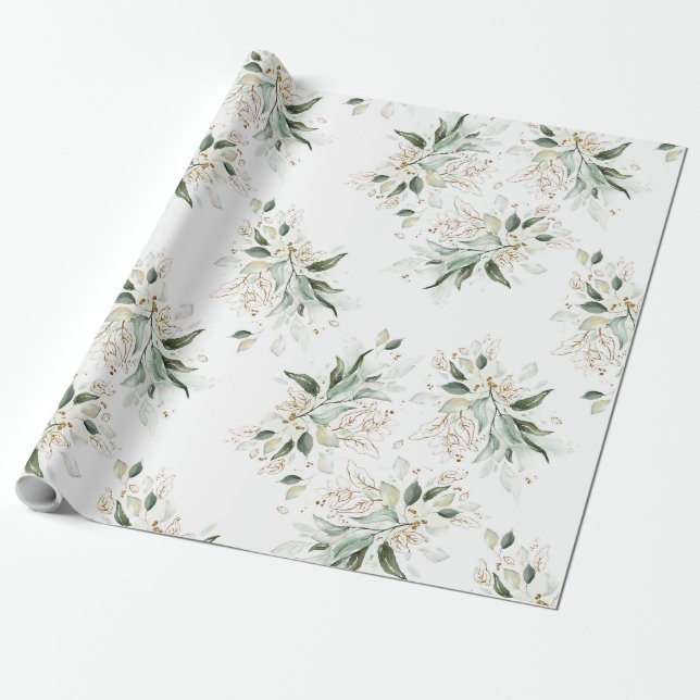 Gold Glitter Leaves Greenery Elegant Dreamy Wrapping Paper (Unrolled)