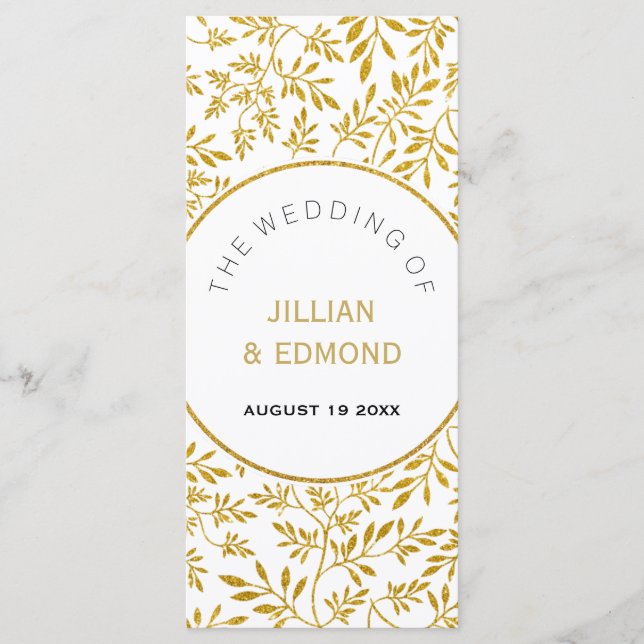 Gold glitter leaves pattern wedding program (Front)