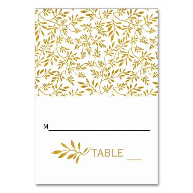 Gold glitter leaves wedding folded escort card (Front)