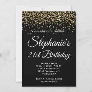 Gold Glitter Leopard Border Black 21st Birthday Invitation