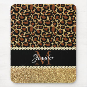 Gold Glitter Leopard Girly Glam Monogram Mouse Pad
