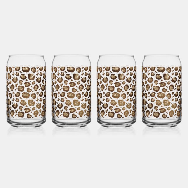 Gold Glitter Leopard Print Can Glass (Front)