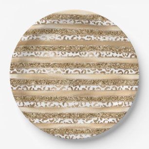 Gold Glitter Leopard Print Stripes Paper Plate
