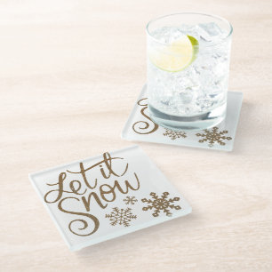 Gold Glitter Let It Snow Calligraphy Christmas Glass Coaster