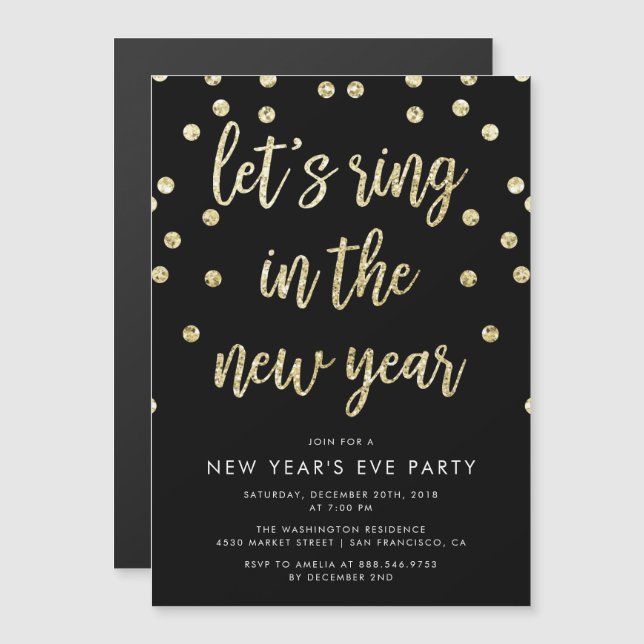 Gold Glitter Let's Ring In The New Year Magnetic Invitation (Front/Back)