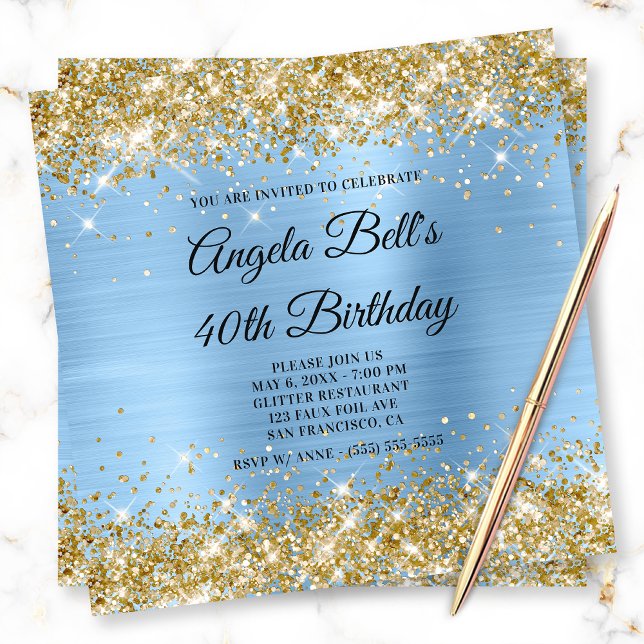 Gold Glitter Light Blue Shimmer Foil Monogram Invitation (Creator Uploaded)