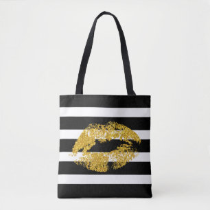 Gold Glitter Lips And Black White Stripes Tote Bag