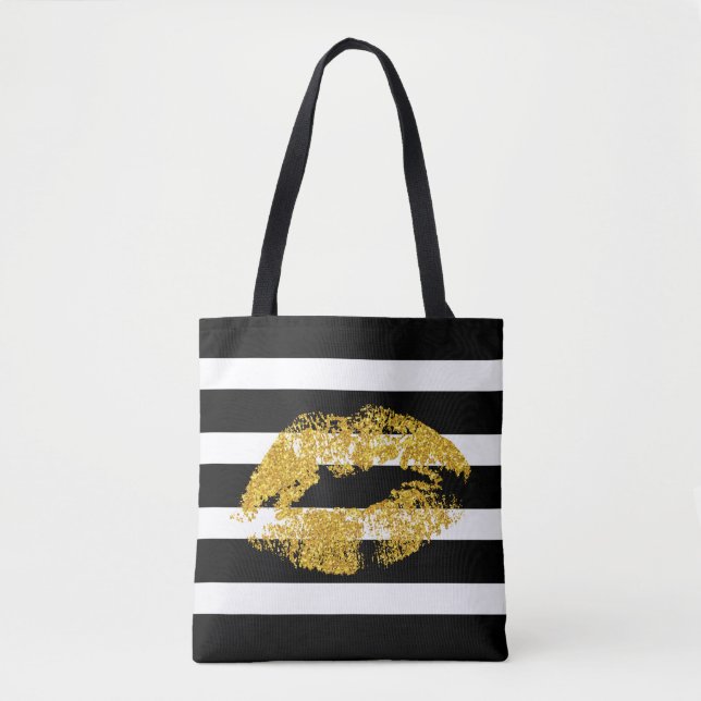 Gold Glitter Lips And Black White Stripes Tote Bag (Front)