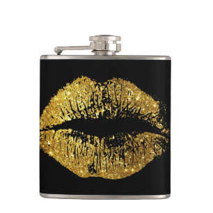 Gold Glitter Lips Hip Flask