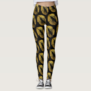 Gold Glitter Lips Modern Black Leggings