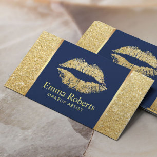 Gold Glitter Lips Navy Blue Makeup Artist Salon Business Card