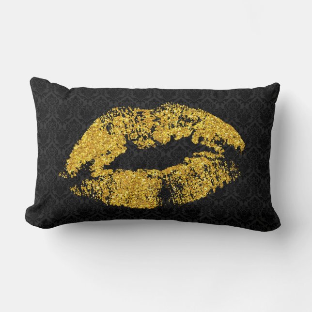 Gold Glitter Lips Over Black Damask Lumbar Cushion (Front)