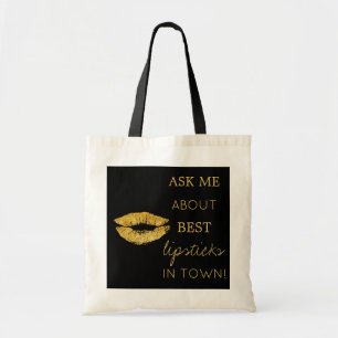 Gold glitter lips print black ask me promotional tote bag