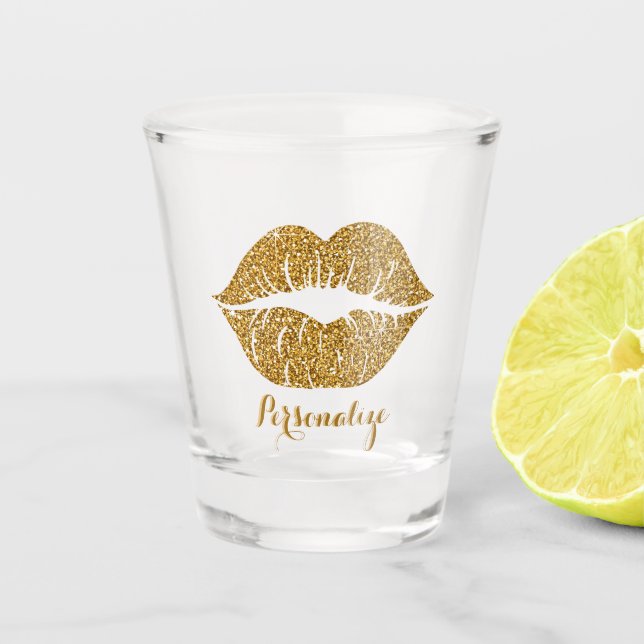 Gold Glitter Lips Sparkle Glam Personalised Shot Glass (Front)