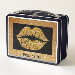 Gold Glitter Lips Sparkle Trendy Personalise Metal Lunch Box