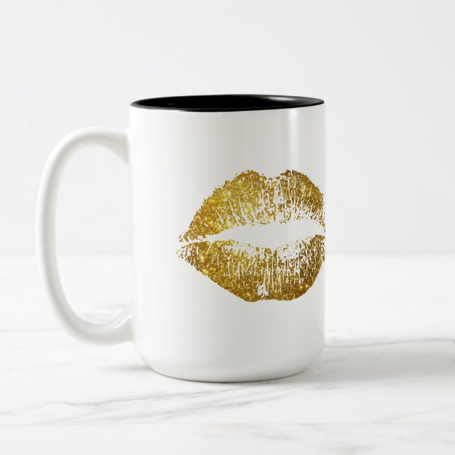 Gold Glitter Lips Two-Tone Coffee Mug (Left)