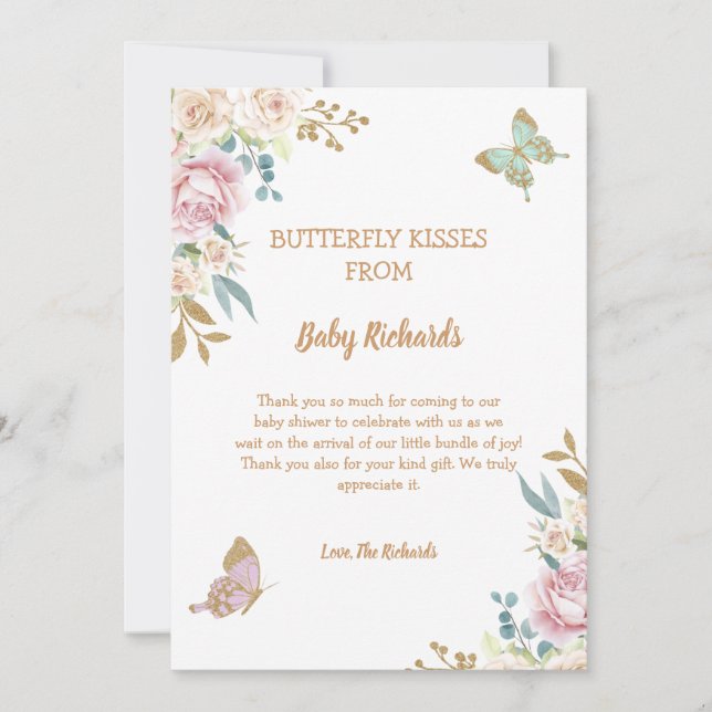 Gold Glitter Little Butterfly Rose Baby Shower Thank You Card (Front)