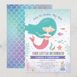 Gold Glitter Little Mermaid Kids Birthday Party Invitation