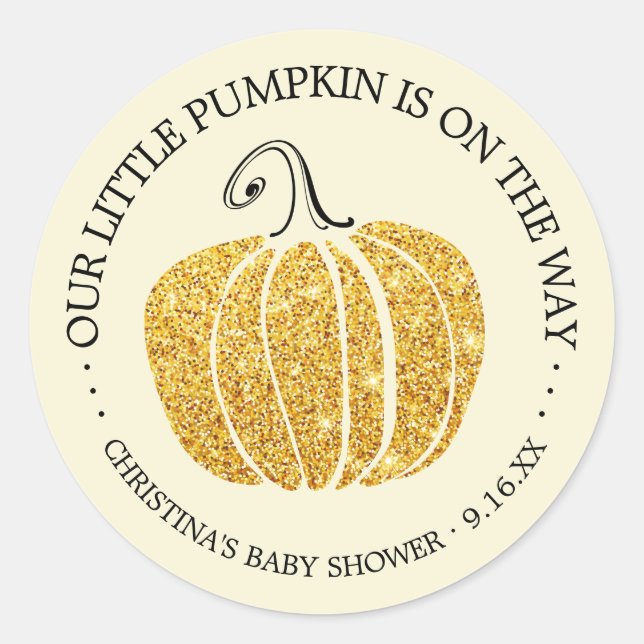 Gold Glitter Little Pumpkin Baby Shower Classic Round Sticker (Front)
