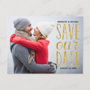 Gold Glitter-Look Lettering Photo Save the Date Announcement Postcard