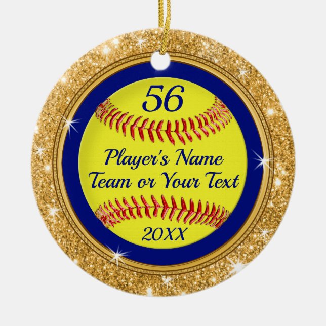 Gold Glitter look Personalised Softball Ornaments (Front)
