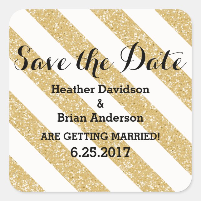 Gold Glitter Look Stripes Save the Date Stickers (Front)