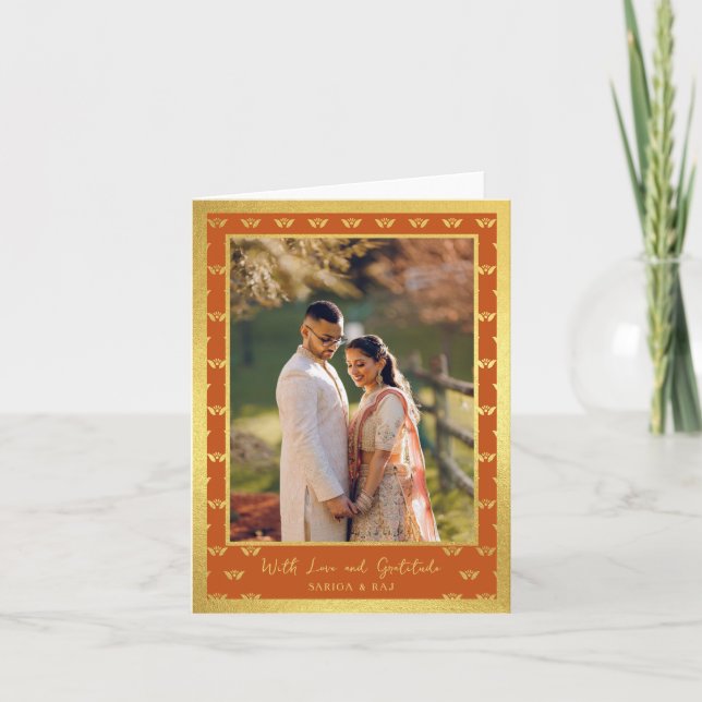 Gold Glitter Lotus Flower Wedding Photo Folded Thank You Card (Front)