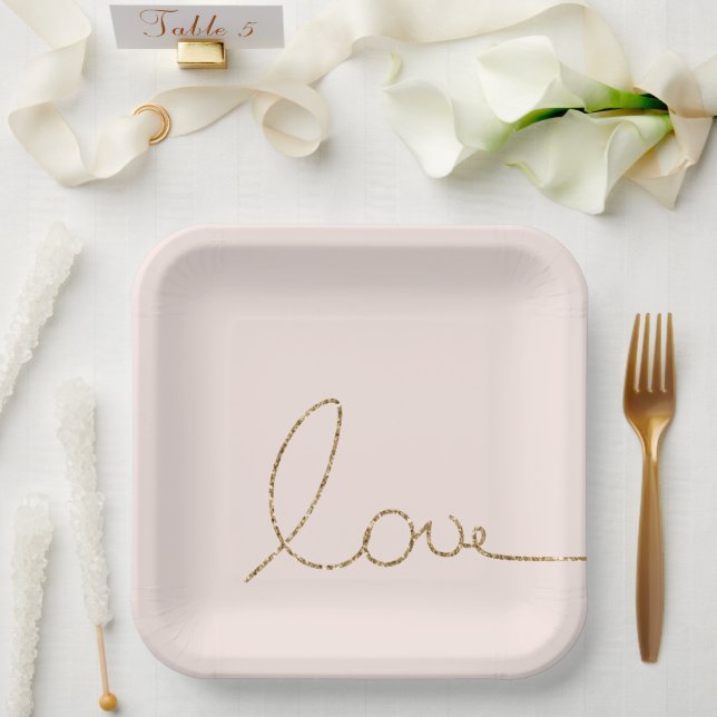 Gold Glitter Love Blush Pink Shell Paper Plate (Wedding)