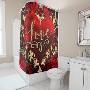 Gold Glitter Love Heart & Red Roses Romantic Shower Curtain