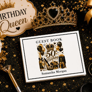 Gold Glitter Luxe Black Fifty Birthday Celebration Guest Book
