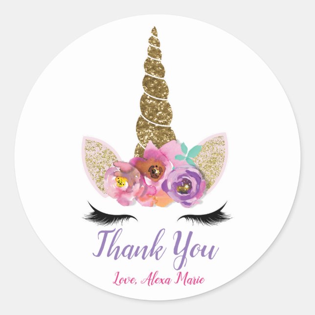 Gold Glitter Magical Unicorn Horn Birthday Party Classic Round Sticker (Front)